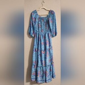 Me 2 Magic Anthropologie Bohemian Smocked Maxi Tiered Dress Blue Floral medium
